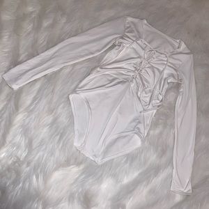 White lace up long sleeve bodysuit